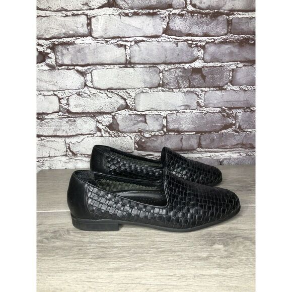 BASS Regina Black Leather Weaves Woven Basket weave Loafers Women Sz 10M US/41EU - Picture 3 of 16
